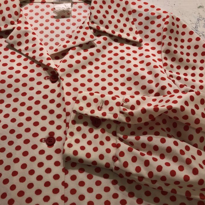 古着 オープンカラーシャツ ポリエステル ドット 水玉 赤×白 レディース 